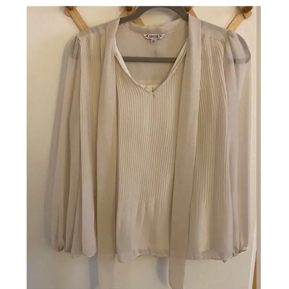 Nanette Lepore Top Women's Medium Cream Pleated Blouse Tie Long Sleeve Sheer - Picture 2 of 6